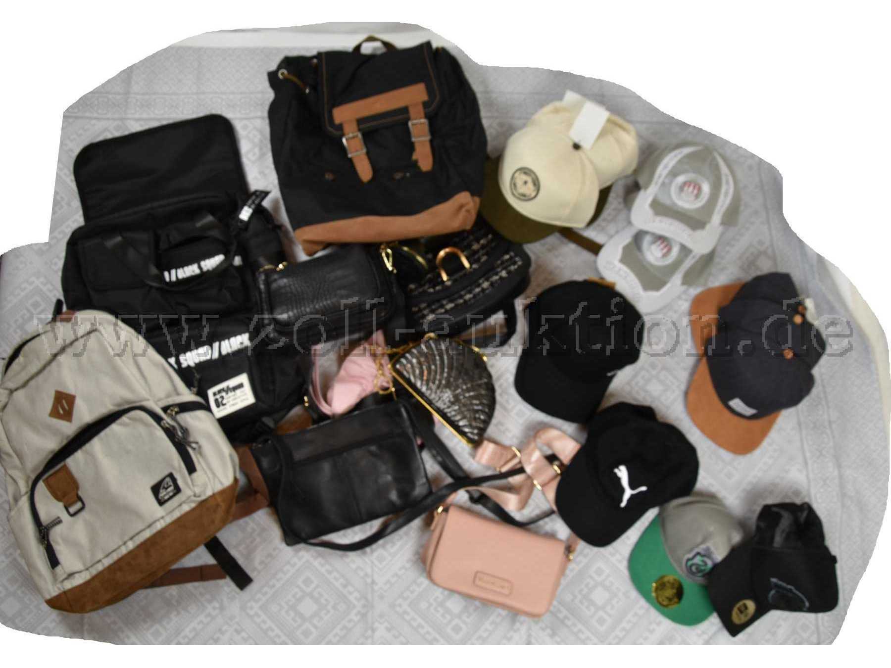 12 Basecap, 6 Handtaschen und 3 Rucksäcke