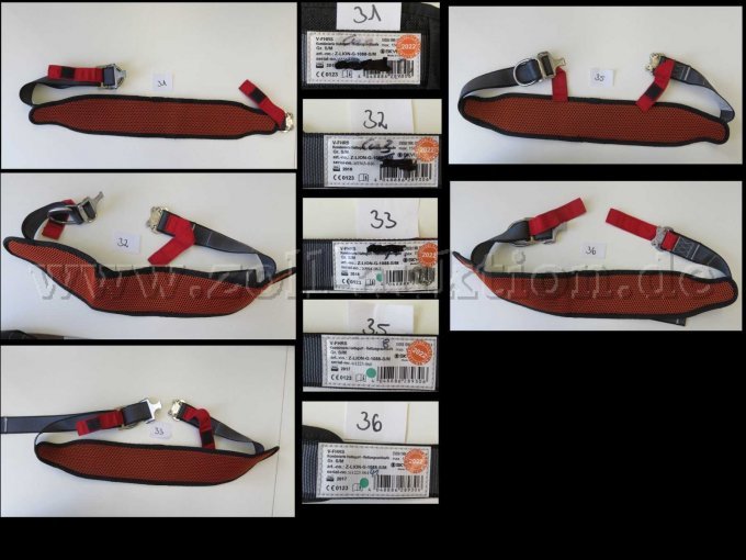 Bilder zu den Gurten mit der lfd. Nr. 31 - 33 sowie 35 - 36. Diese zeigen den Gurt einmal komplett an. zusätzlich gibt es ein Detailbild zum jeweiligen Etikett.