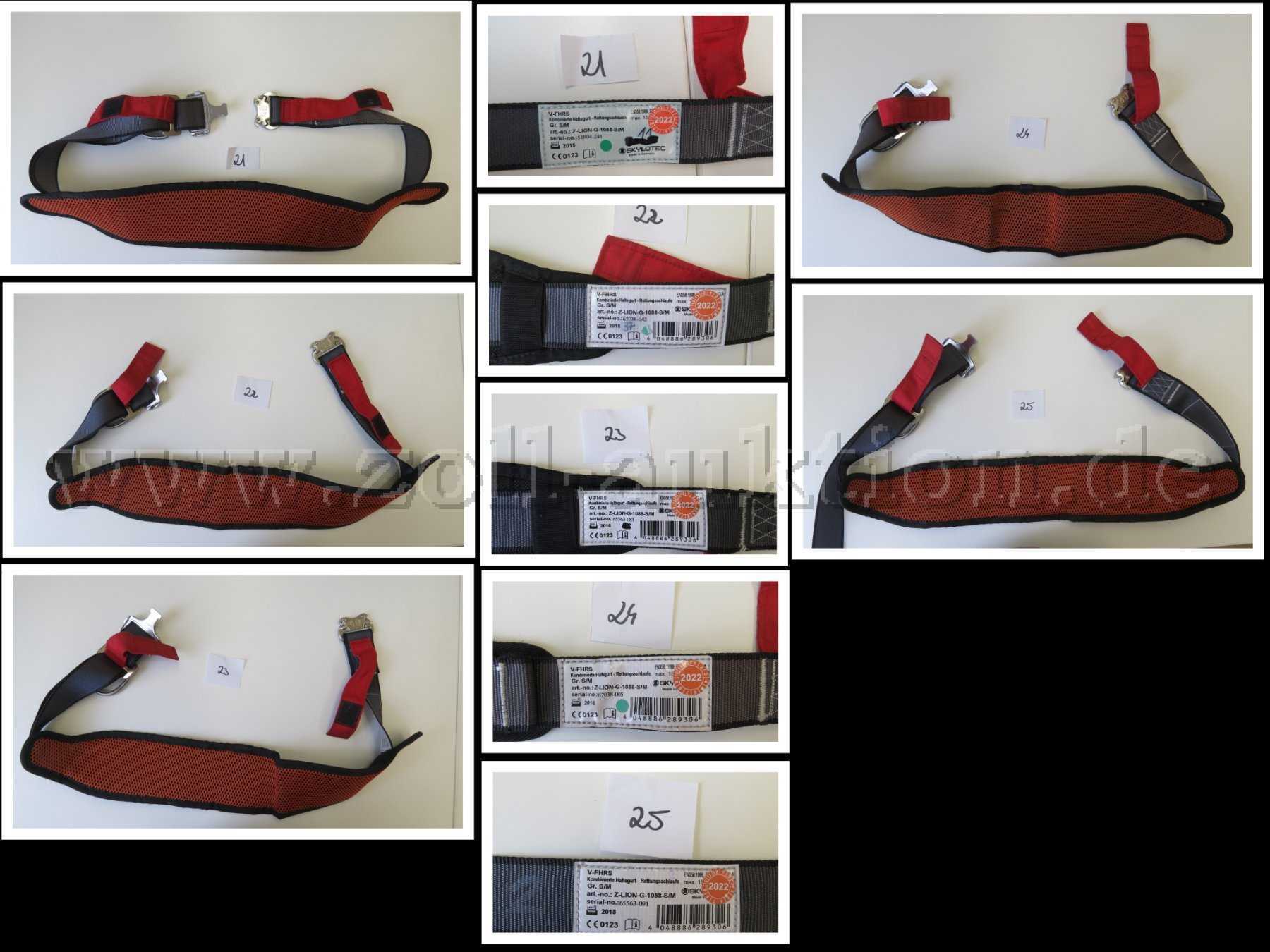Bilder zu den Gurten mit der lfd. Nr. 21 - 25. Diese zeigen den Gurt einmal komplett an. zusätzlich gibt es ein Detailbild zum jeweiligen Etikett.