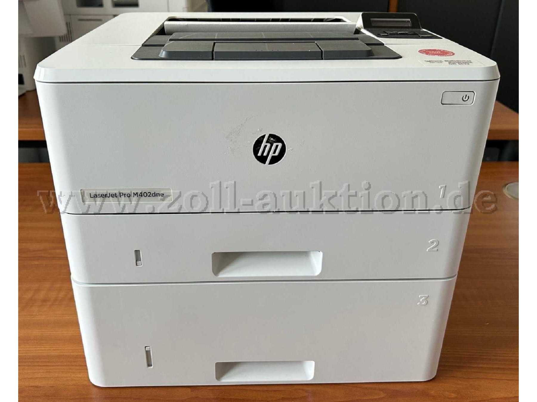 HP Drucker "Laserjet Pro 400 M402dne" - seitliche Ansicht mit Fächern (Beispielbild)