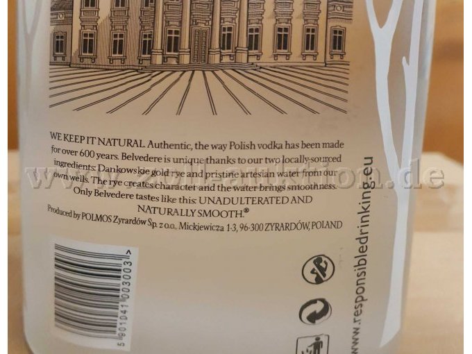Detailansicht Wodka Belvedere Herstellerangaben