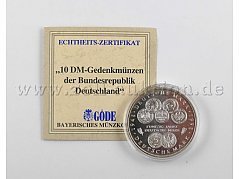 1 -10-DM-Gedenkmünze, 50 Jahre Deutsche Mark, F, Silber, mit Zertifikat