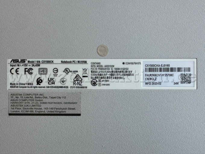 ASUS Chromebook CX1 CX1500CKA-EJ0160 Detailansicht Typenschild