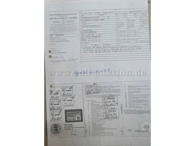Iveco/Faun/Zöller Müllsammelfahrzeug, KFZ-Schein Vorder- und Hinter Ansicht