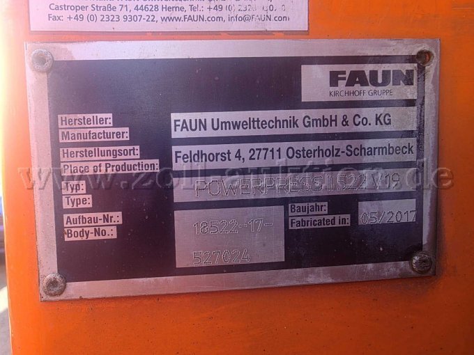Iveco/Faun/Zöller Müllsammelfahrzeug, Aufbau Typenschild Ansicht