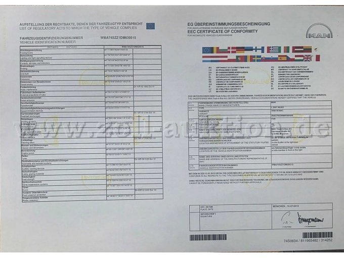 MAN/Faun/Zöller Müllsammelfahrzeug, EG- Übereinstimmungsbescheinigung vordere Ansicht