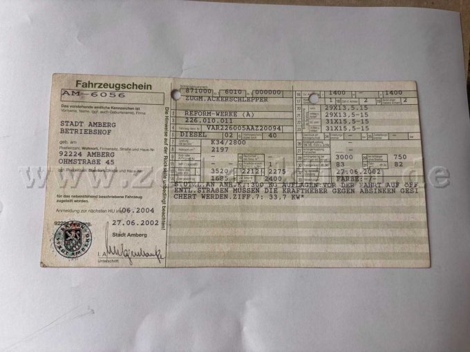 Fahrzeugschein Vorderseite