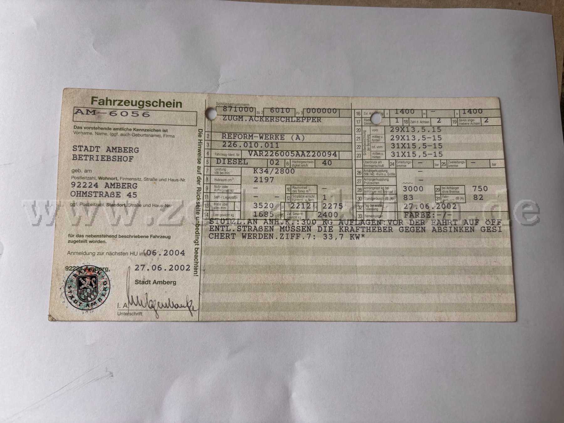 Fahrzeugschein Vorderseite