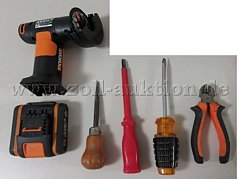 zu versteigerndes Paket aus Winkelschleifer, Seitenschneider, Feile und 2 Schraubenziehern