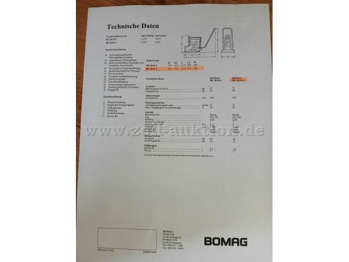 Bomag Vibrationsplatte- Technische Daten