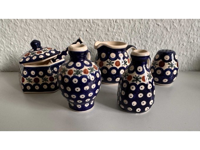 Bunzlauer Keramik Set - 1 Zuckerdose mit Löffel, 1 Krüglein, 1 Salzstreuer, 1 Vase, 1 Vase