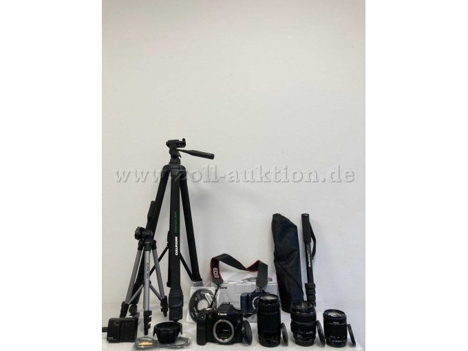 gesamtes Angebot: Kamera, 3x Objektive, 1x Einbeinstativ  2x Dreibeinstativ, Gegenlichtblende, AV-Kabel, Canon Battery Charger