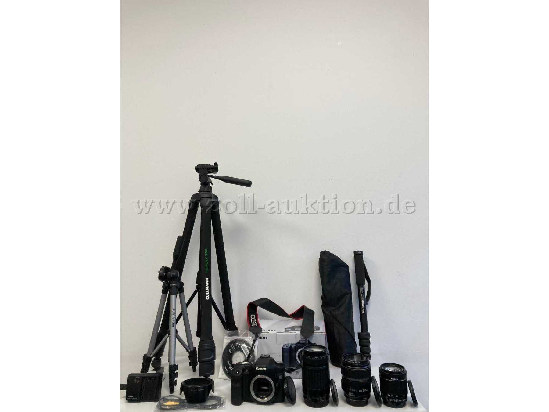 gesamtes Angebot: Kamera, 3x Objektive, 1x Einbeinstativ  2x Dreibeinstativ, Gegenlichtblende, AV-Kabel, Canon Battery Charger