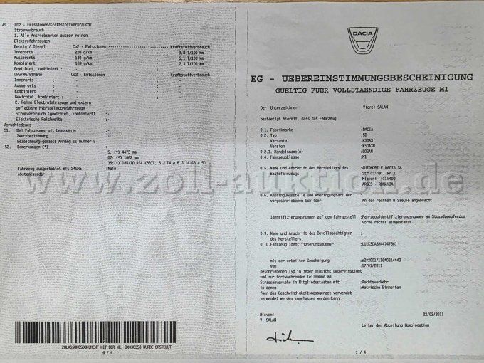 PKW Dacia Logan SD, EG-Übereinstimmungsbescheinigung Seite 1 Ansicht