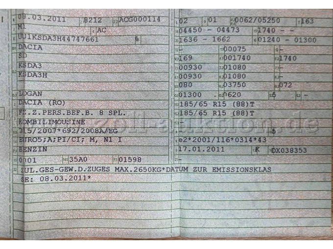 PKW Dacia Logan SD, KFZ-Schein Seite 1 Ansicht