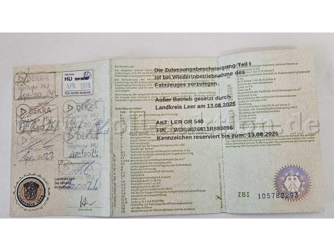 Zulassungsbescheinigung Teil I Rückseite