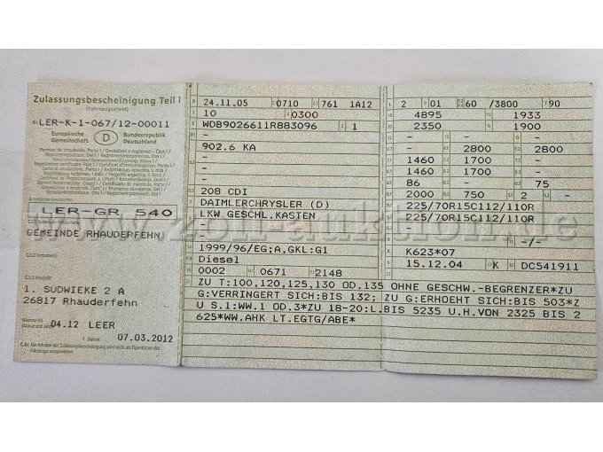 Zulassungsbescheinigung Teil I Vorderseite