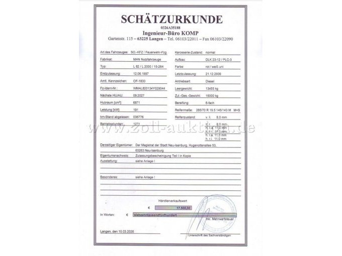 1.Seite der Schätzungsurkunde