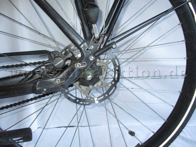 Ansicht Hinterrad mit Scheibenbremse und Tektro Bremssattel