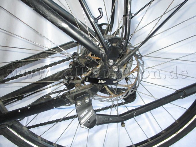 Teilansicht Hinterrad mit Scheibenbremse und Bremssattel