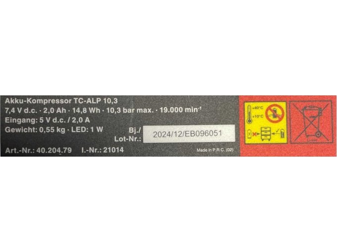 Akku-Kompressor Herstellerdaten
