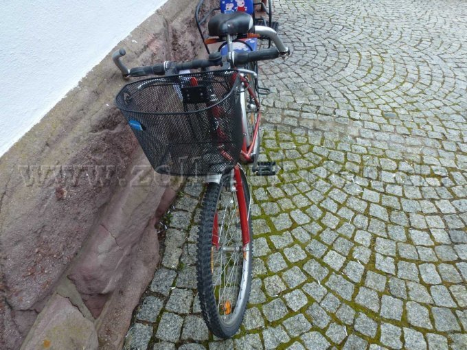 Ansicht von vorne mit Einkaufskorb und Vorderrad
