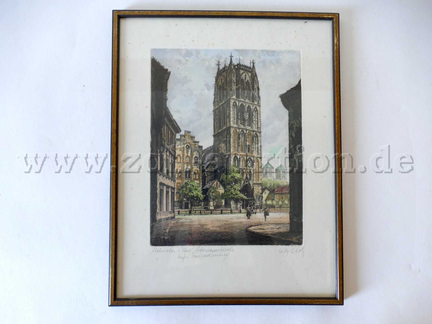 1 Farbradierung der Überwasserkirche von Münster in Westfalen, Willy Scholz