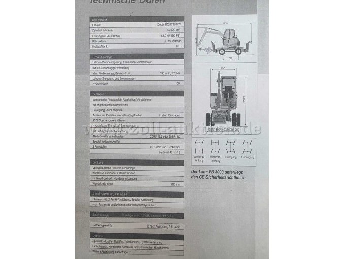 Friedhofbagger Lanz FB3000E,Technische Daten Ansicht