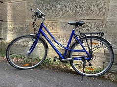 GIANT-Fahrrad, blau,
Rahmenhöhe 54 cm,
Aluminiumrahmen,
24 Gänge, Gepäckträger,
defektes Vorderlicht,
platte Reifen,
Hinterrad verschlossen