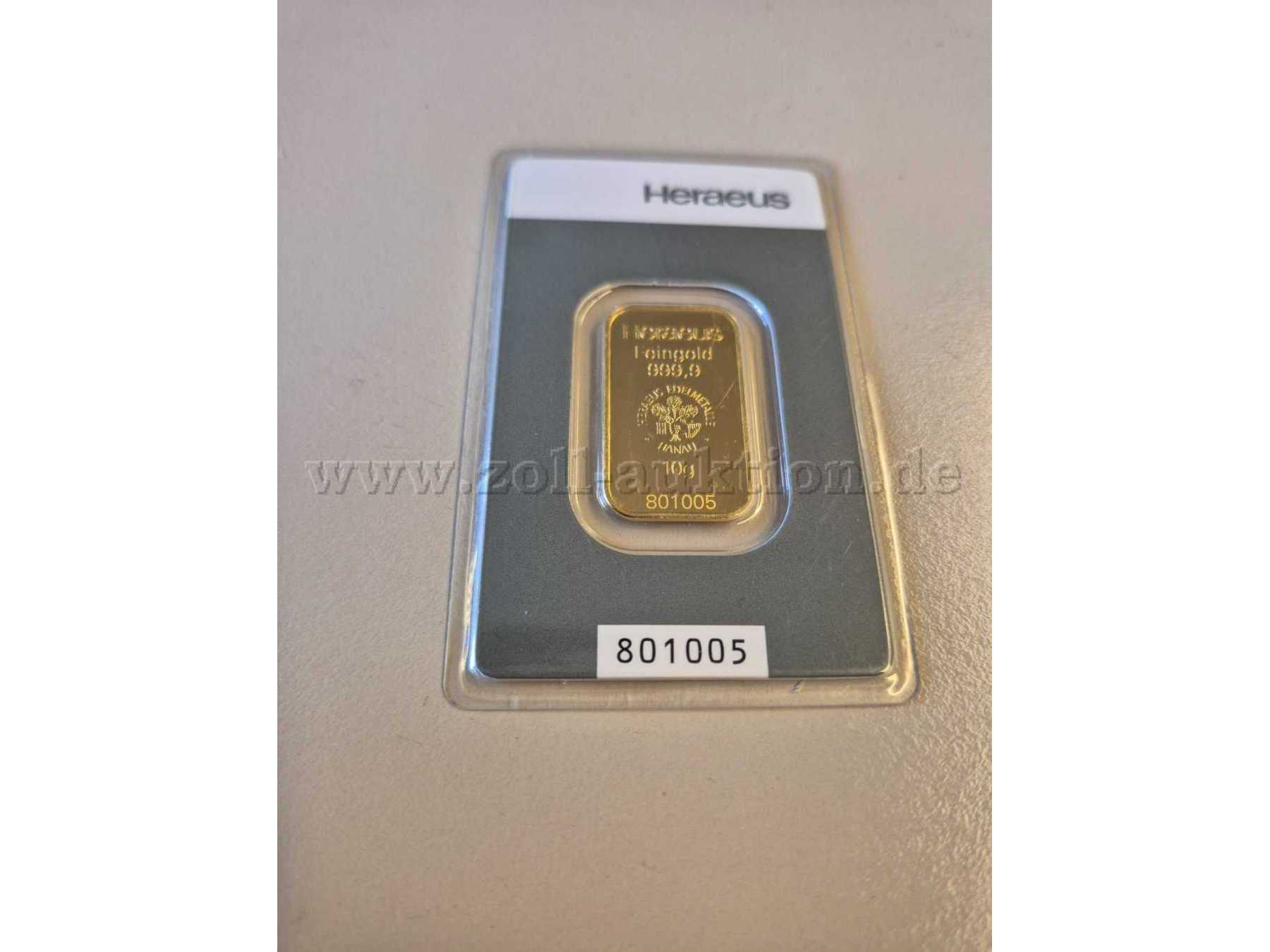 Goldbarren 10g 999,9 Feingold Frontansicht