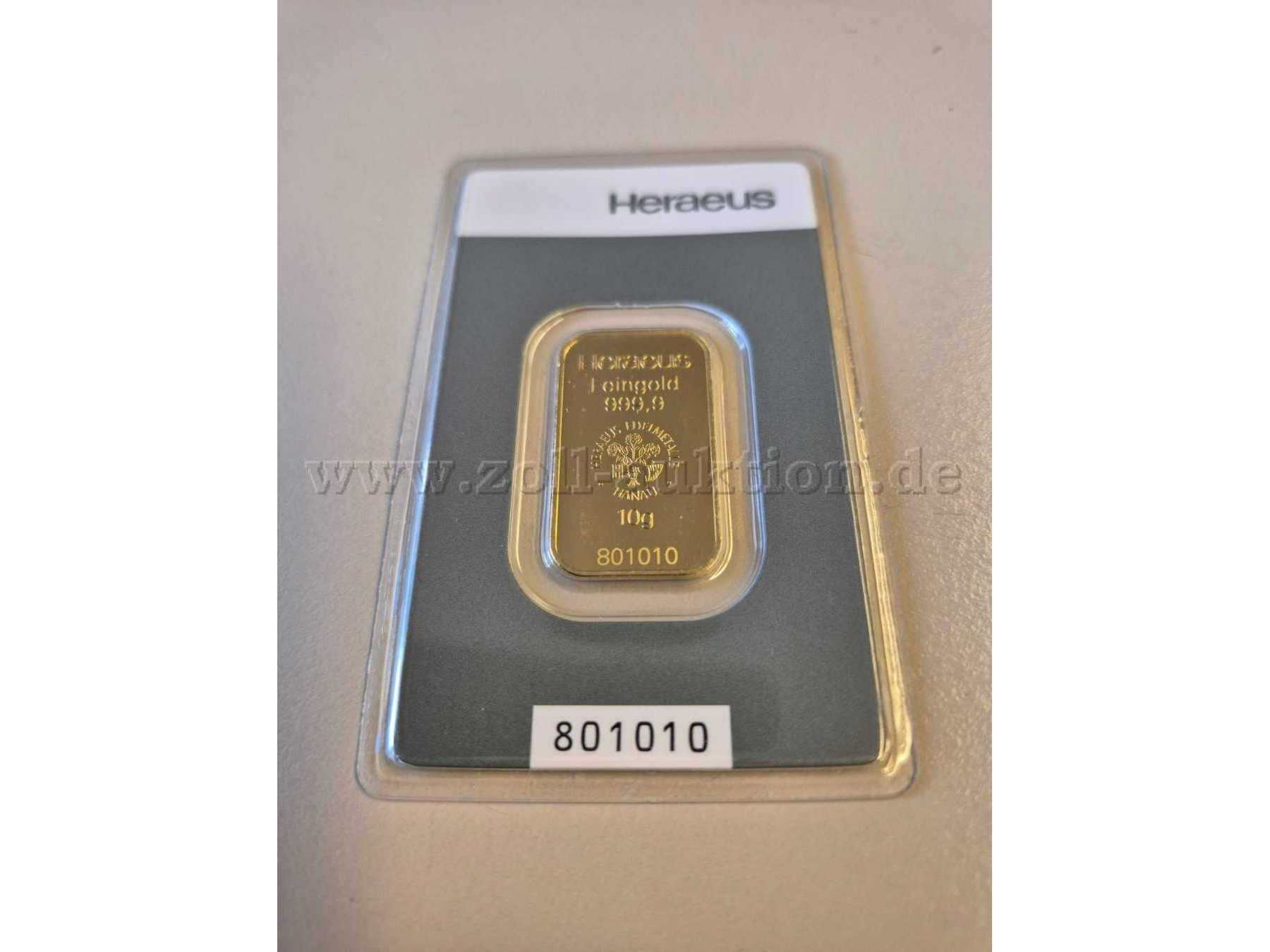 Goldbarren 10g 999,9 Feingold Frontansicht