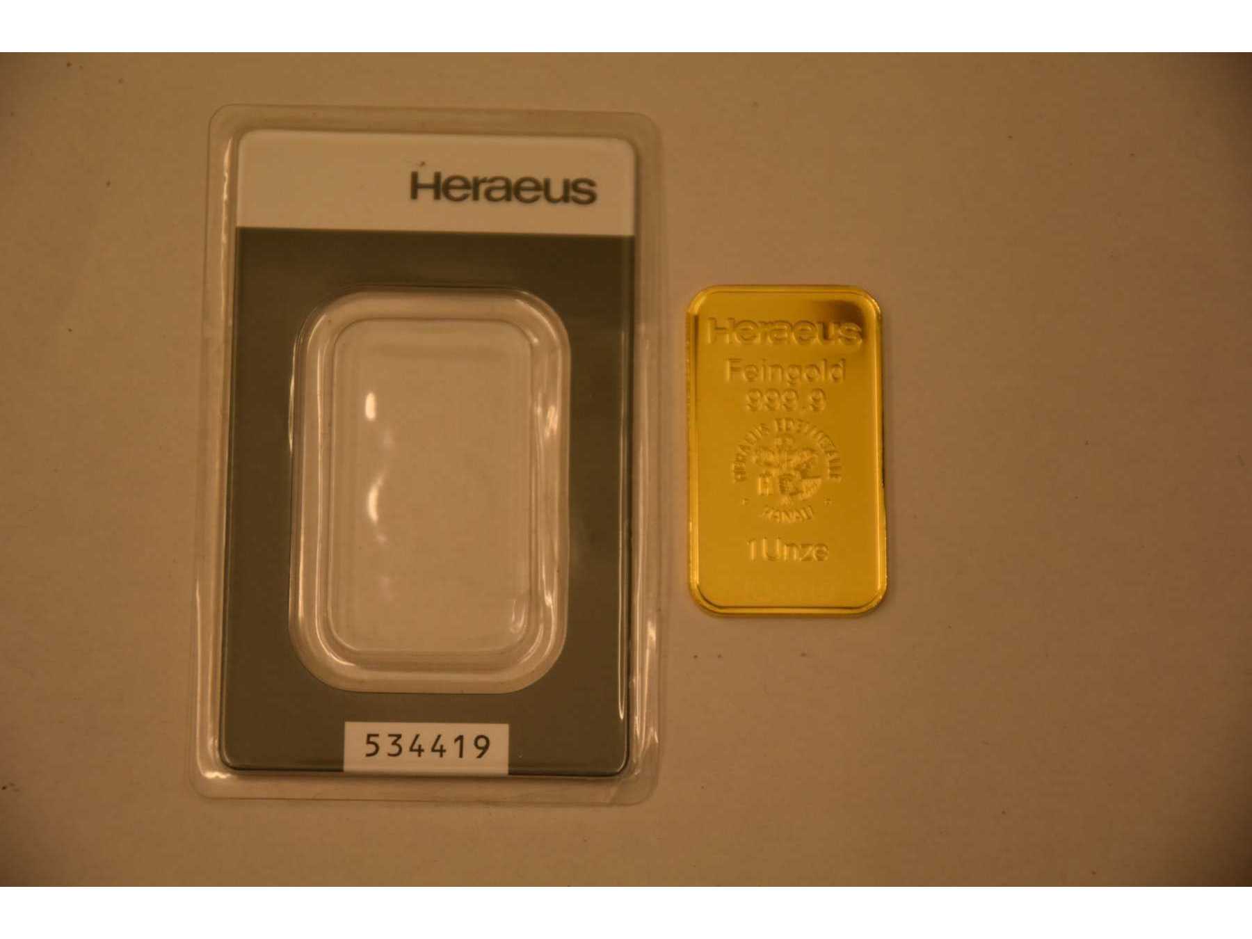 1 Goldbarren 1 Unze „Heraeus“ 999,9 Feingold