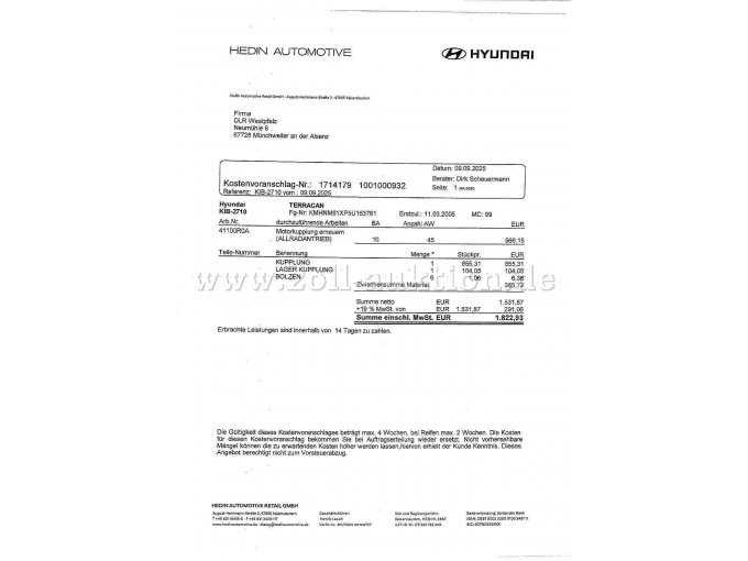 Kostenvoranschlag Kupplung (1. Variante)