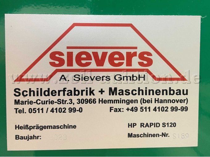 Typenschild Heißprägemaschine Rapid S 120, Baujahr 2023, Maschinen-Nummer S 189