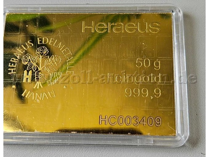 1 Heraeus Goldbarren 50g aus 999,9 Feingold – kavel bij Zoll-Auktion, Winsen (Luhe)