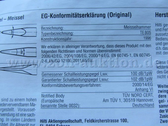 Hilti Meißelhammer, EG-Konformitätserklärung