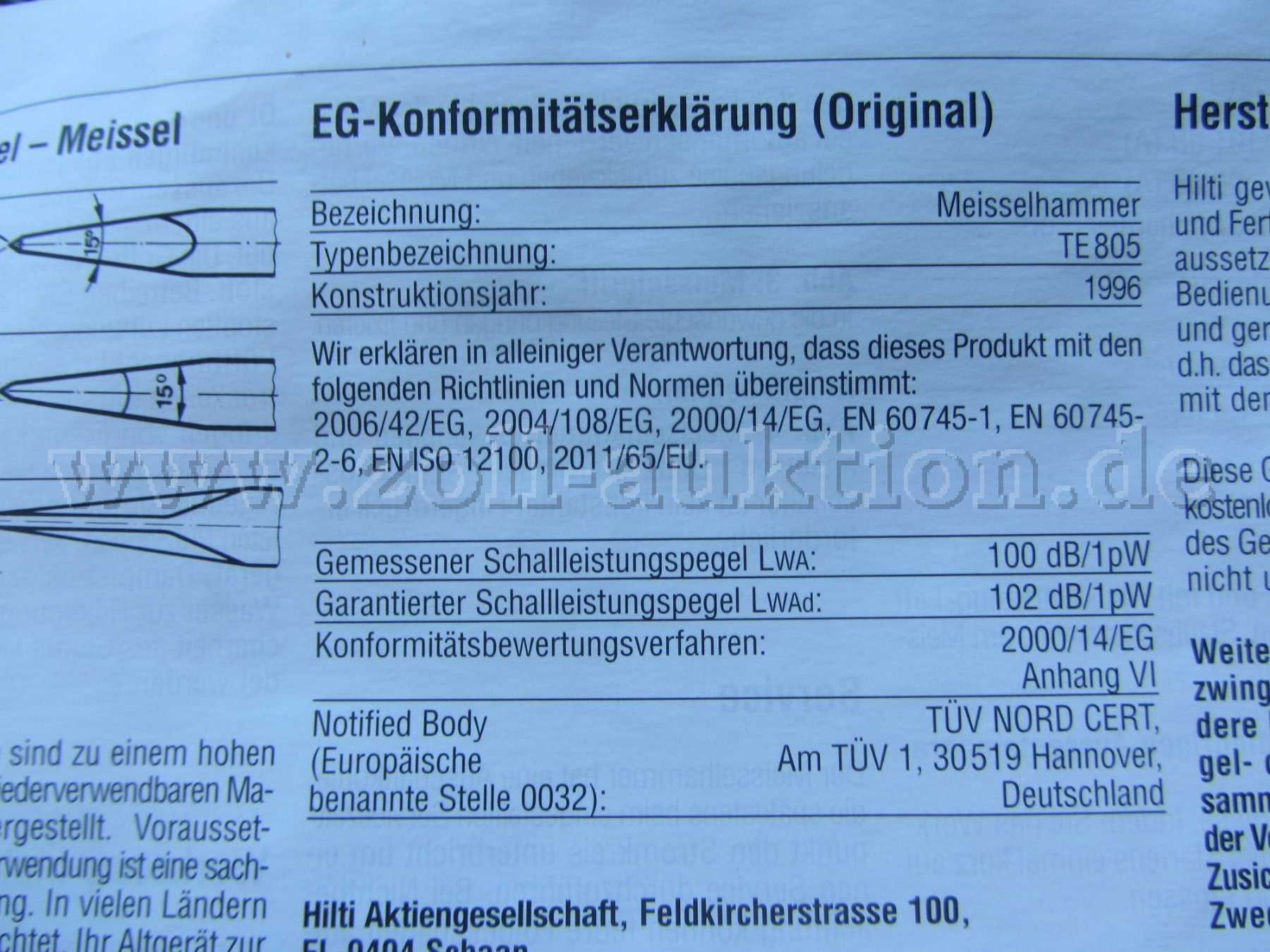 Hilti Meißelhammer, EG-Konformitätserklärung