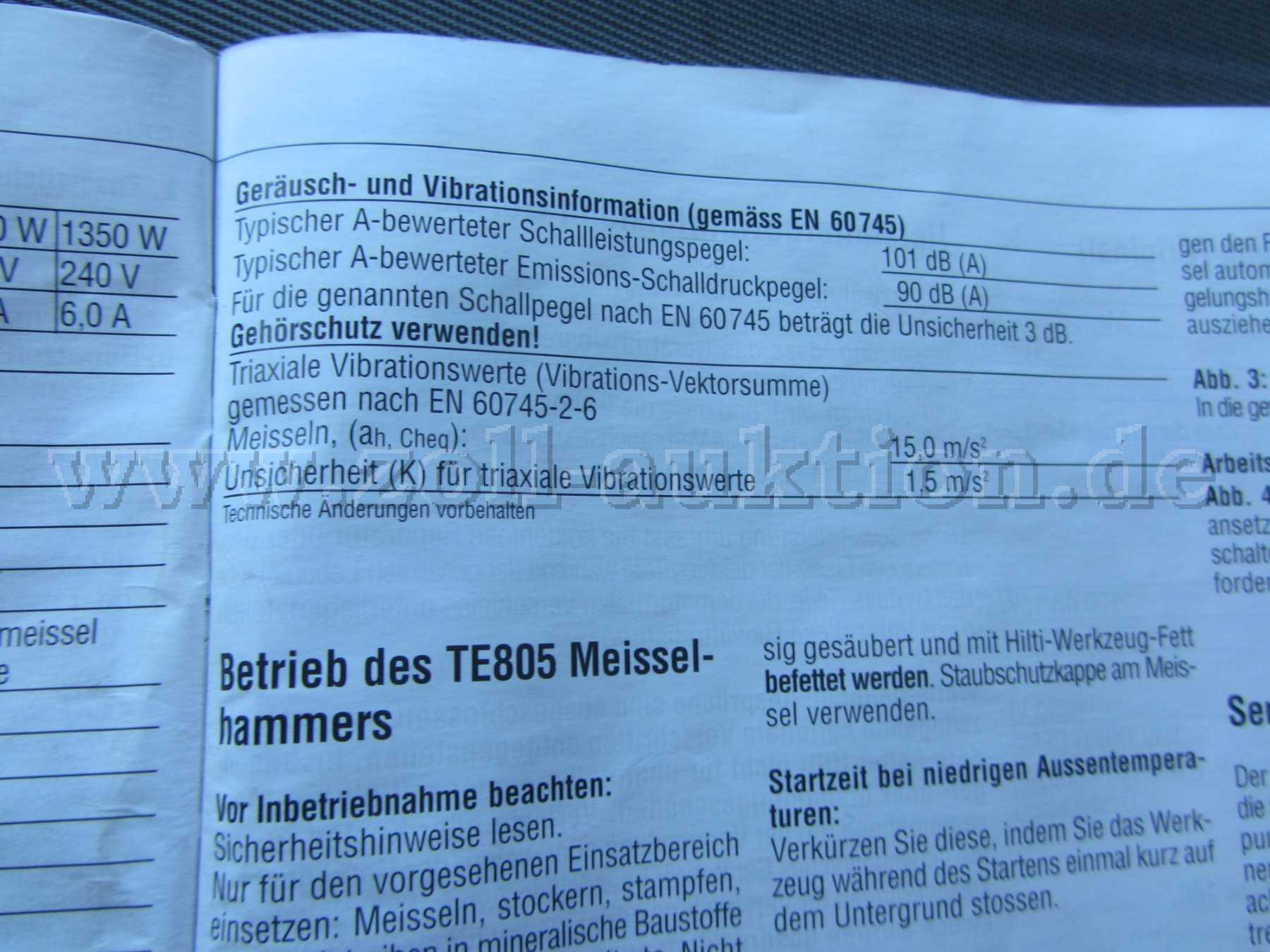 Hilti Meißelhammer, Geräusch- und Vibrationsinformation