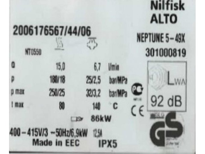 Typenschild Hochdruckreiniger Nilfisk ALTO NEPTUNE 5