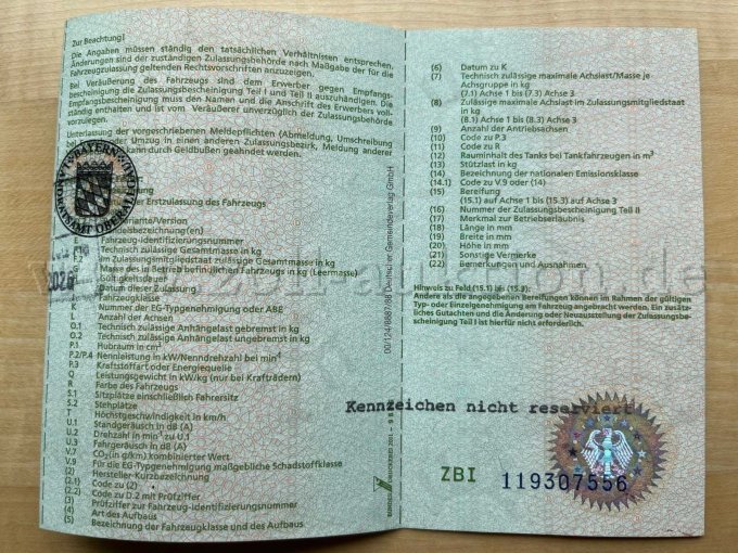 Zulassungsbescheinigung Hinten