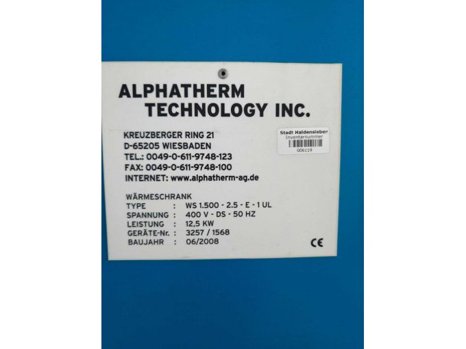 1 Industrie-Wärmeschrank Alphatherm Technology Inc. – Typ WS 1.500 - 2.5 - E - 1 U – foto 3 – kavel bij Zoll-Auktion, Haldensleben
