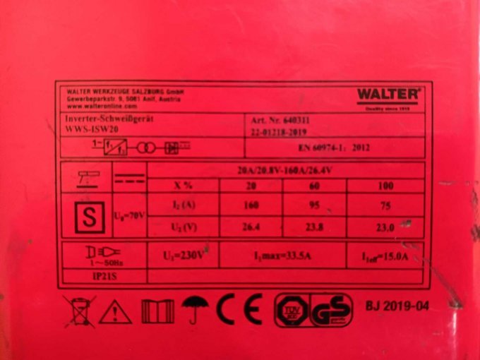 technische Daten für Walter Inverter-Schweißgerät