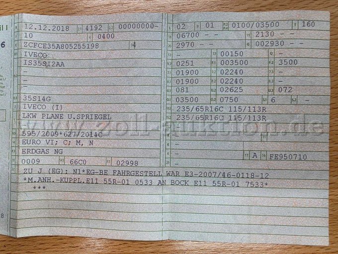 Iveco Daily Erdgas NG Doka/Pritsche, KFZ-Schein vordere Ansicht