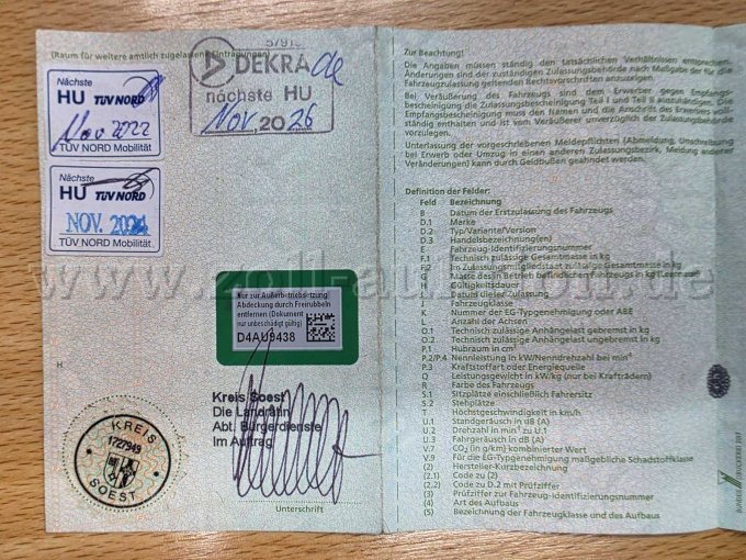 Iveco Daily Erdgas NG Doka/Pritsche, KFZ-Schein hintere Ansicht