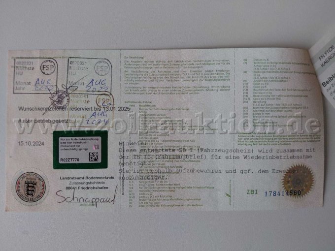 Fahrzeugschein Rückseite