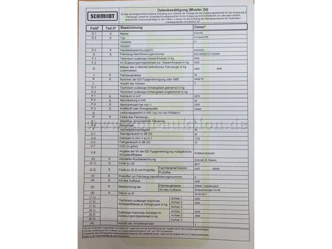 Kompaktkehrmaschine Schmidt Swingo Compact 200, Datenbestätigung Seite 1 Ansicht