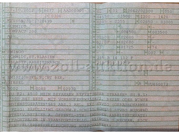 Kompaktkehrmaschine Schmidt Swingo Compact 200, KFZ-Schein Vorderansicht