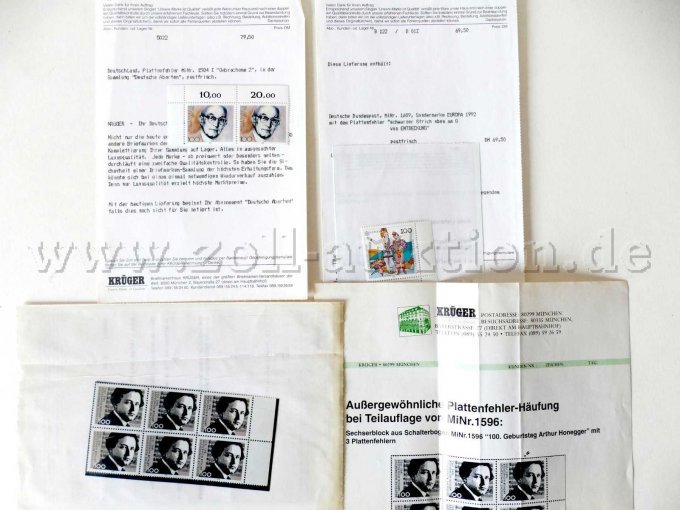 3 Tütchen mit Briefmarken mit Plattenfehlern