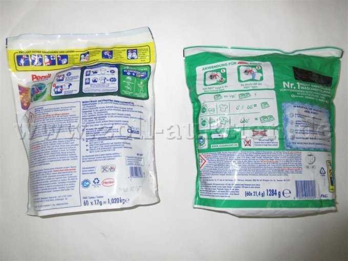 Persil Discs, Ariel Pods Rückseite