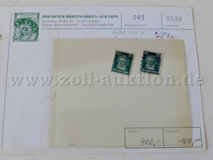 2 Briefmarken 20 Pf Dt. Reich, gestempelt/postfrisch